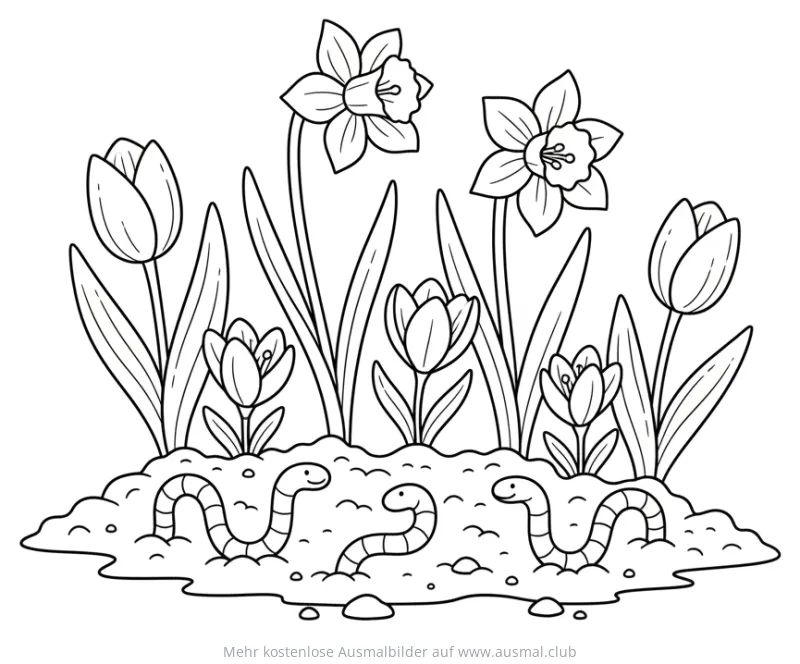 Blumenbeet mit Narzissen, Tulpen, Krokussen und Erdwürmern Ausmalbild