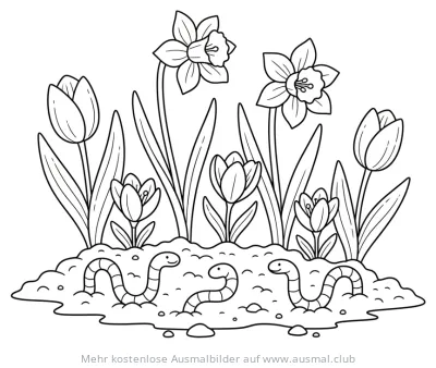 Blumenbeet mit Narzissen, Tulpen, Krokussen und Erdwürmern Ausmalbild