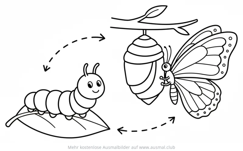 Raupe, Puppe und Schmetterling Ausmalbild
