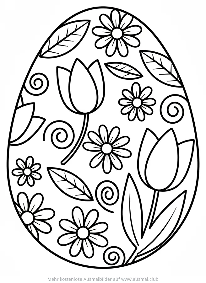 Osterei mit Blumen und Tulpen Ausmalbild