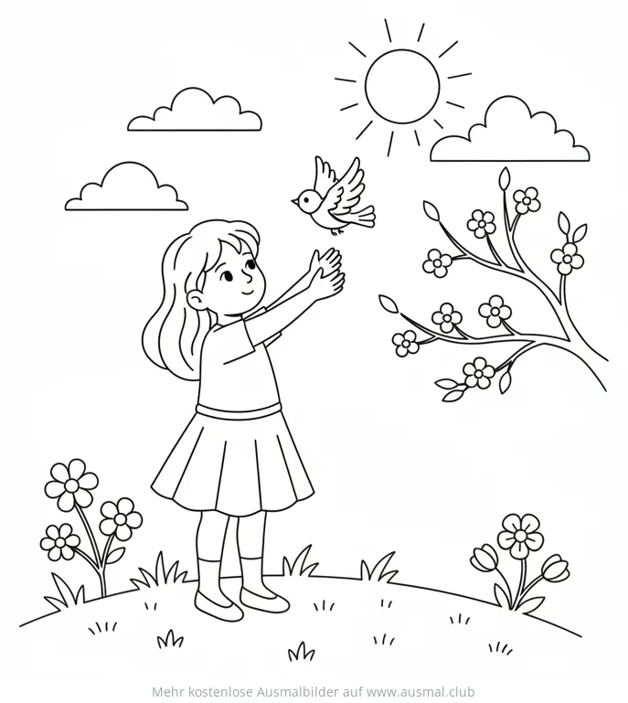 Mädchen lässt Vogel in die Freiheit Ausmalbild im Frühling