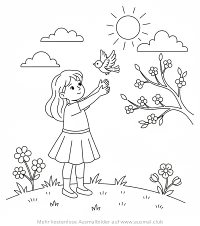 Mädchen lässt Vogel in die Freiheit Ausmalbild im Frühling
