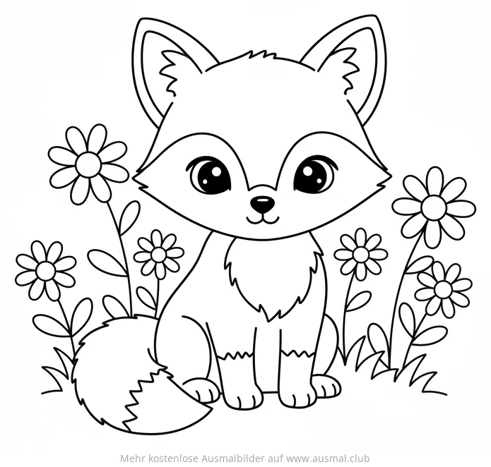 Baby Fuchs sitzt inmitten von Blumen Ausmalbild