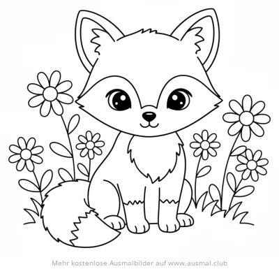 Baby Fuchs sitzt inmitten von Blumen Ausmalbild