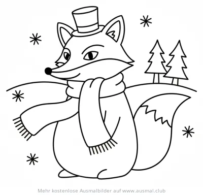 Fuchs mit Zylinder und Schal im Winter Ausmalbild