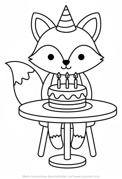 Fuchs mit Partyhut und Geburtstagstorte Ausmalbild