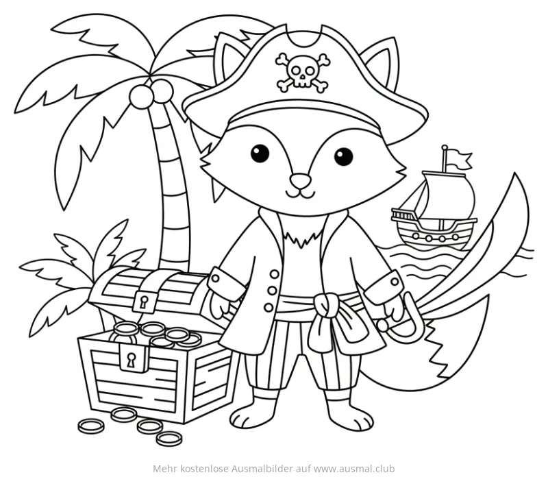 Fuchs als Pirat mit Schatzkiste und Piratenschiff Ausmalbild