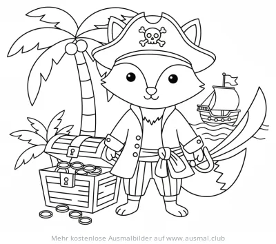 Fuchs als Pirat mit Schatzkiste und Piratenschiff Ausmalbild