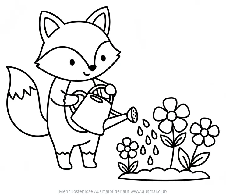 Fuchs gießt Blumen Ausmalbild
