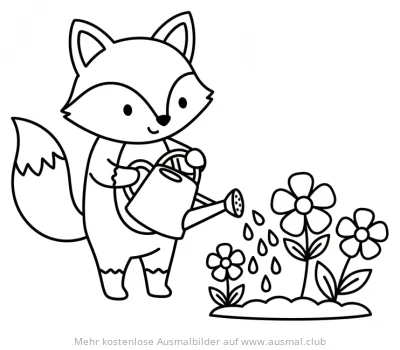 Fuchs gießt Blumen Ausmalbild