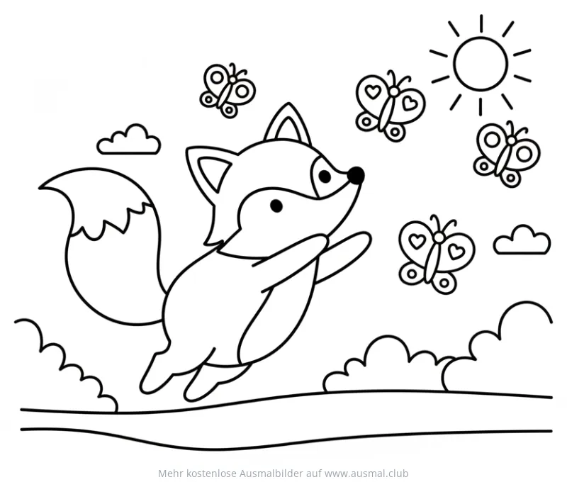 Fuchs springt mit Schmetterlingen Ausmalbild