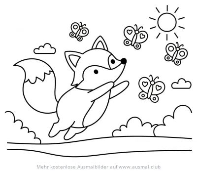 Fuchs springt mit Schmetterlingen Ausmalbild