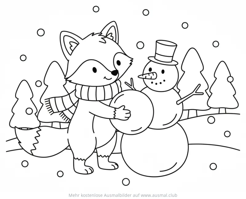 Fuchs hilft Schneemann bauen Ausmalbild