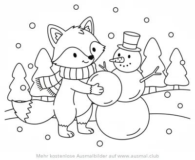 Fuchs hilft Schneemann bauen Ausmalbild