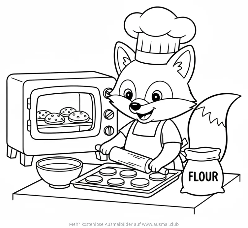 Fuchs mit Kochmütze backt Kekse Ausmalbild