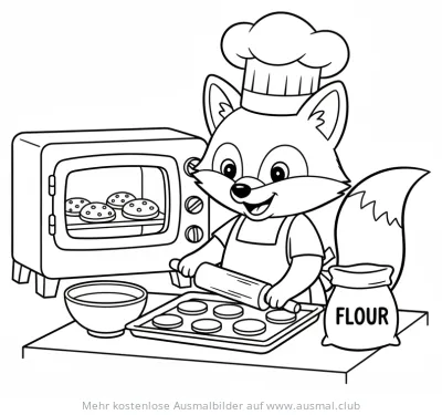 Fuchs mit Kochmütze backt Kekse Ausmalbild
