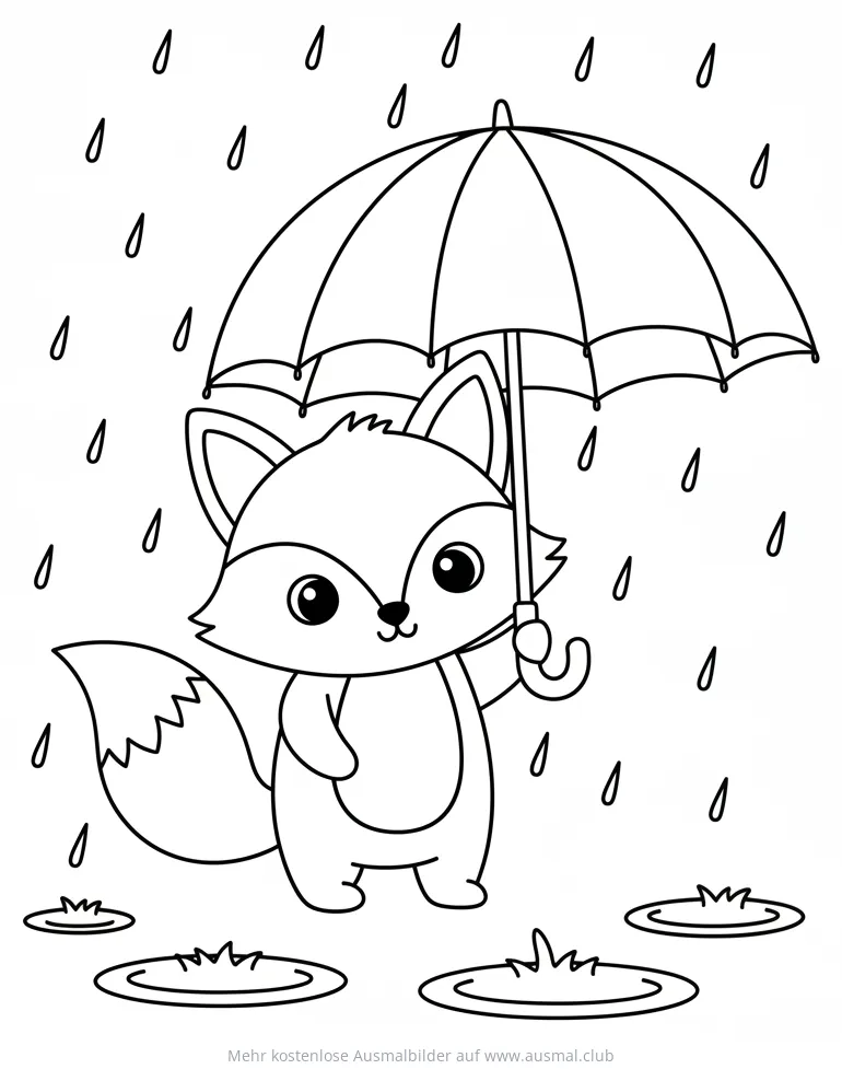 Niedlicher Fuchs mit Regenschirm im Regen Ausmalbild