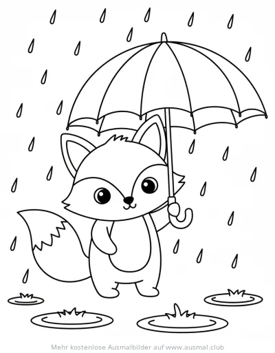 Niedlicher Fuchs mit Regenschirm im Regen Ausmalbild