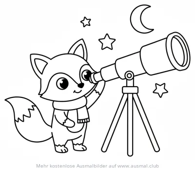 Fuchs mit Schal blickt durch ein Teleskop, Sterne und Mond Ausmalbild