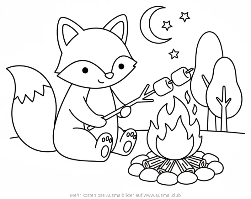 Fuchs röstet Marshmallows am Lagerfeuer Ausmalbild