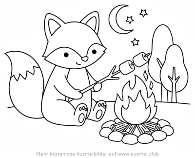 Fuchs röstet Marshmallows am Lagerfeuer Ausmalbild