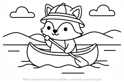 Fuchs mit Hut im Kanu Ausmalbild