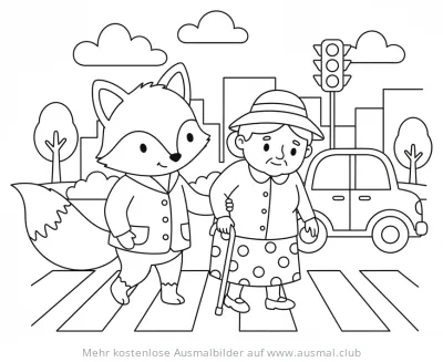Fuchs hilft einer Oma über den Zebrastreifen Ausmalbild