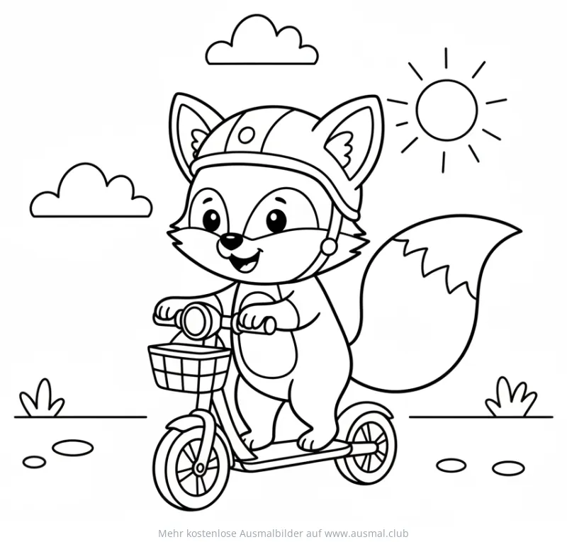 Fuchs mit Helm fährt Roller Ausmalbild