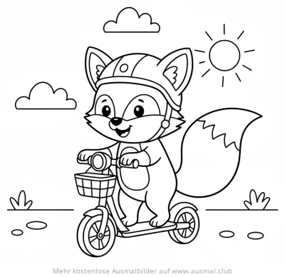 Fuchs mit Helm fährt Roller Ausmalbild