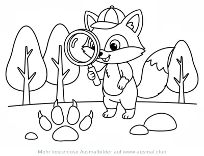 Fuchs Detektiv mit Lupe untersucht Fußabdruck Ausmalbild