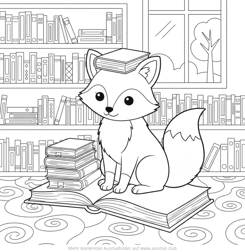 Fuchs in Bibliothek mit Büchern Ausmalbild