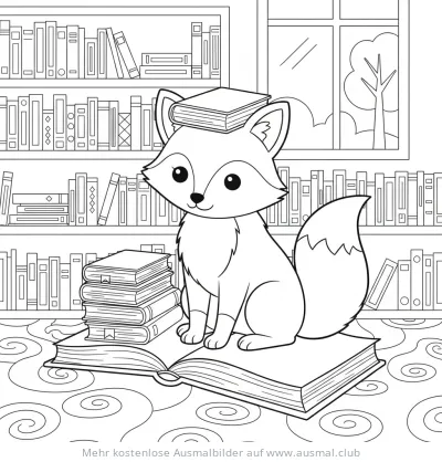 Fuchs in Bibliothek mit Büchern Ausmalbild