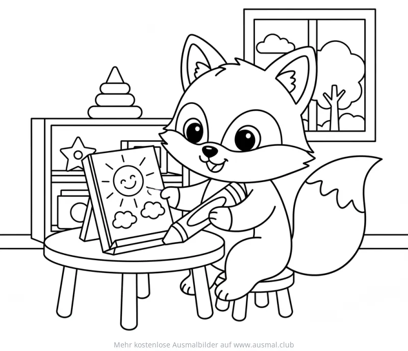 Fuchs malt ein Sonnen-Ausmalbild