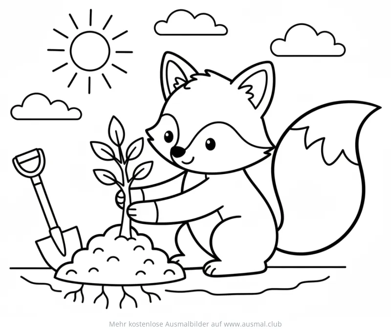 Fuchs pflanzt Baum Ausmalbild mit Schaufel und Sonne