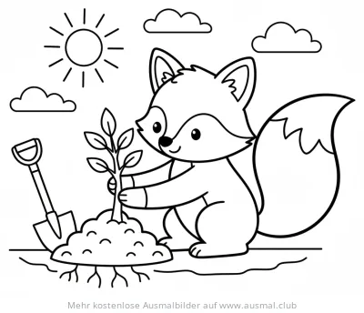 Fuchs pflanzt Baum Ausmalbild mit Schaufel und Sonne