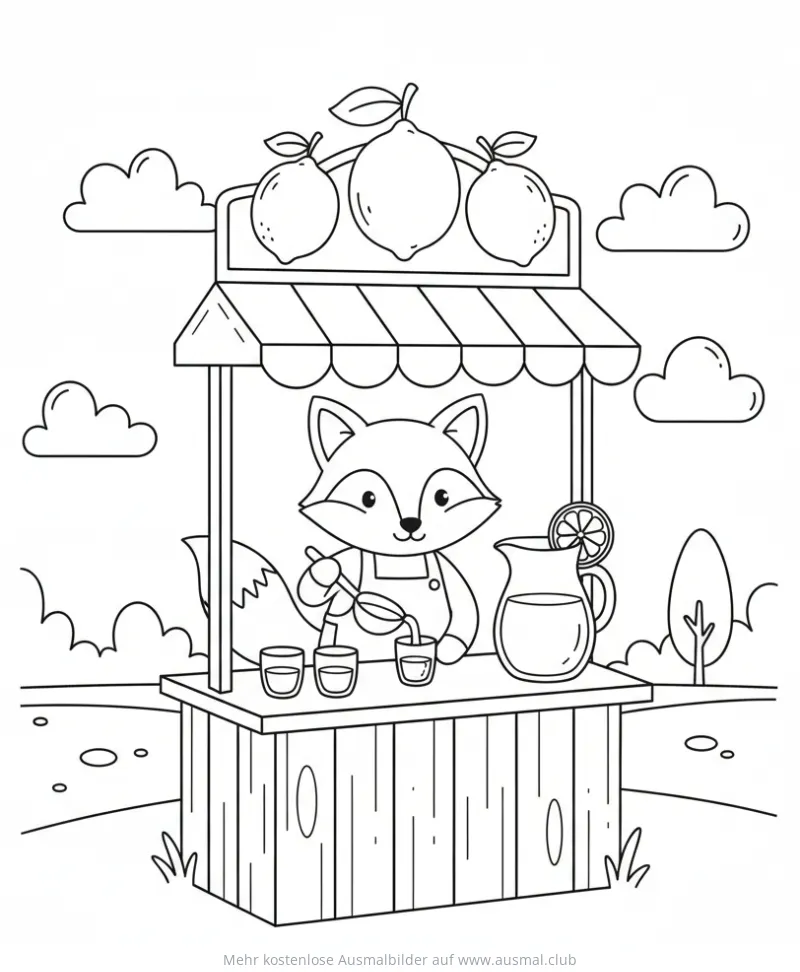 Fuchs verkauft Limonade an kleinem Stand Ausmalbild