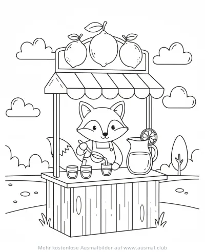 Fuchs verkauft Limonade an kleinem Stand Ausmalbild
