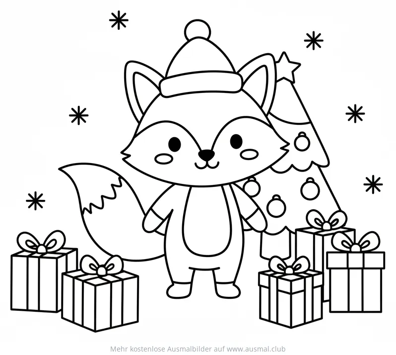 Weihnachtsfuchs mit Mütze, Geschenken und Tannenbaum Ausmalbild