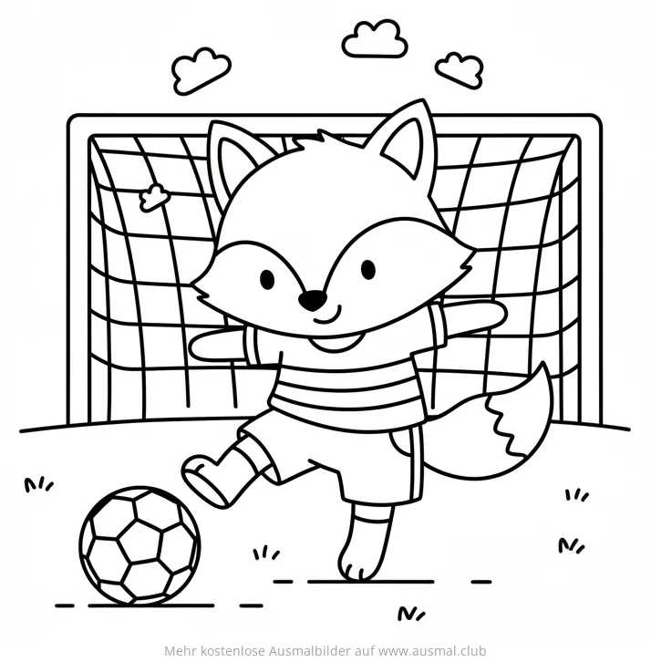 Fuchs schießt Fußball vor Tor Ausmalbild