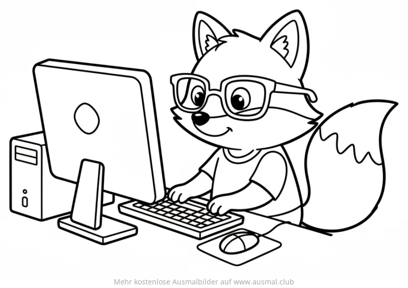 Fuchs mit Brille am Computer Ausmalbild