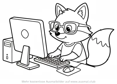 Fuchs mit Brille am Computer Ausmalbild