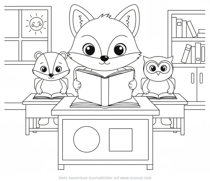 Fuchs, Bär und Eule lesen in der Schule Ausmalbild