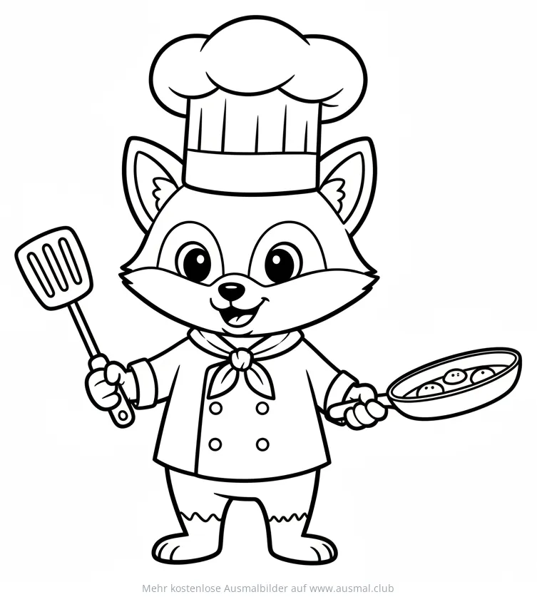 Fuchs als Koch mit Pfanne und Pfannenwender Ausmalbild