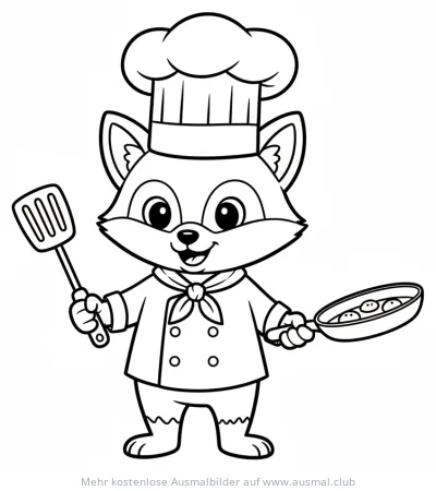 Fuchs als Koch mit Pfanne und Pfannenwender Ausmalbild