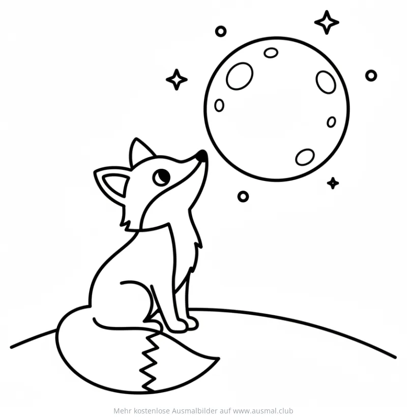 Fuchs sitzt auf Hügel und schaut zum Mond Ausmalbild