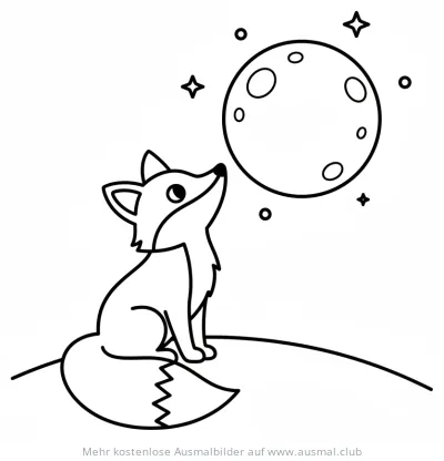 Fuchs sitzt auf Hügel und schaut zum Mond Ausmalbild