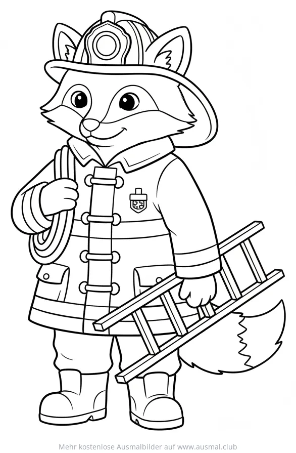 Fuchs als Feuerwehrmann mit Leiter Ausmalbild