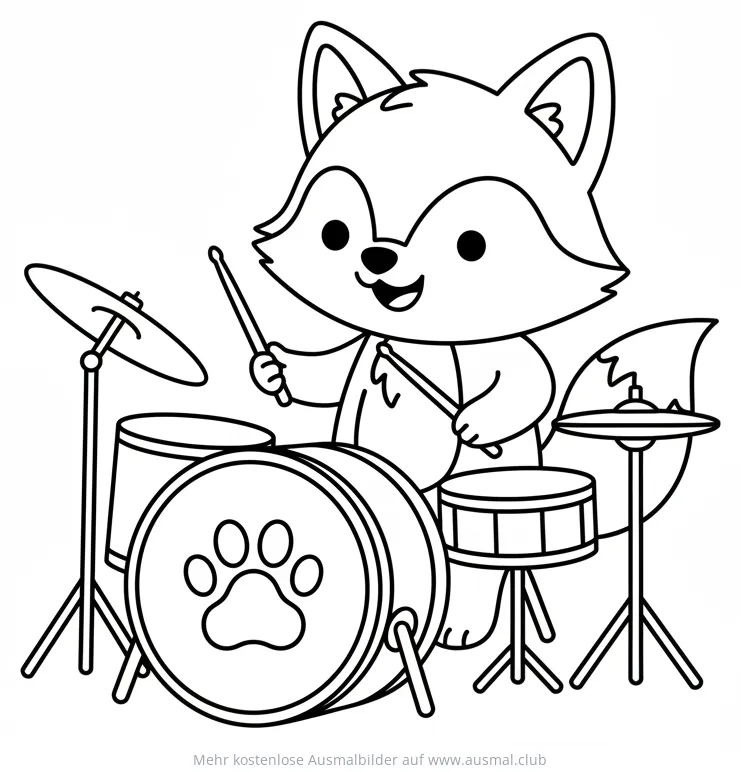 Fuchs spielt Schlagzeug Ausmalbild mit Pfotenabdruck auf Bassdrum