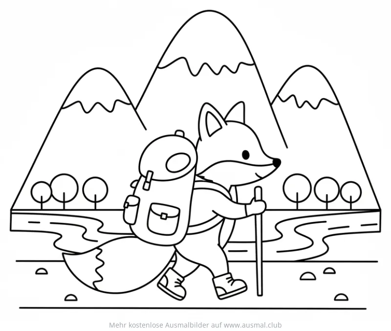 Fuchs Wandern Ausmalbild mit Rucksack und Bergen