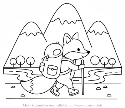 Fuchs Wandern Ausmalbild mit Rucksack und Bergen
